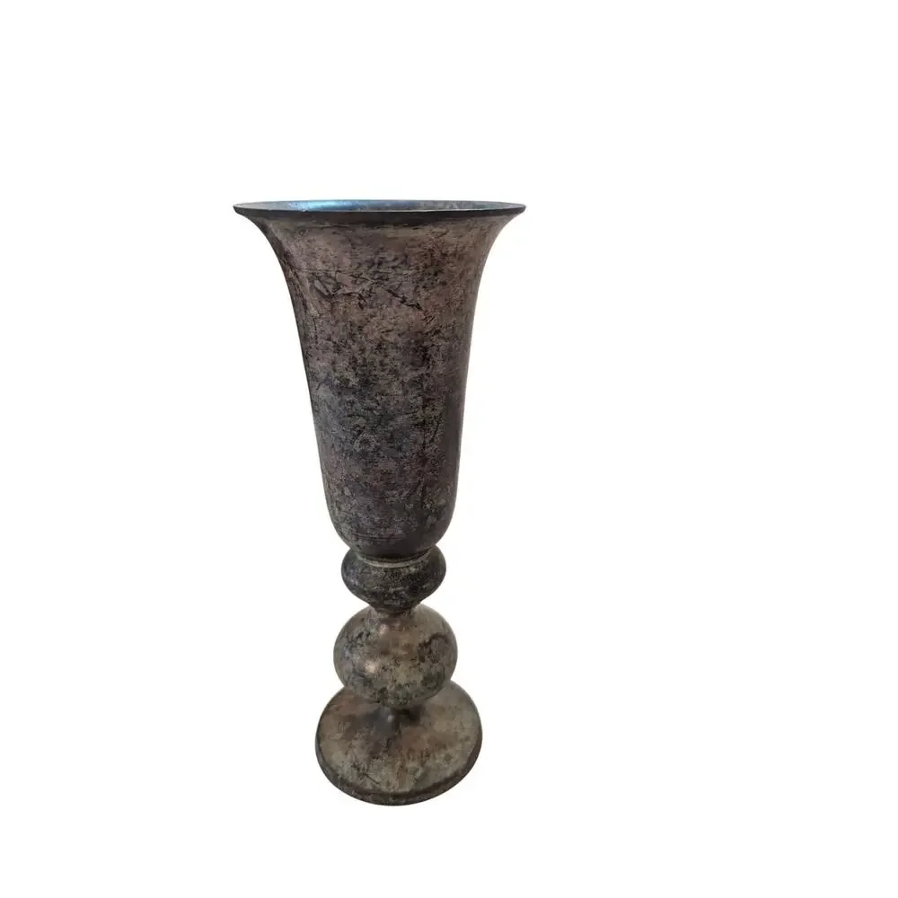 Vintage Antique Brass Trumpet Vase Distressed Etched Verdigris Metal 10" - Picture 3 of 10